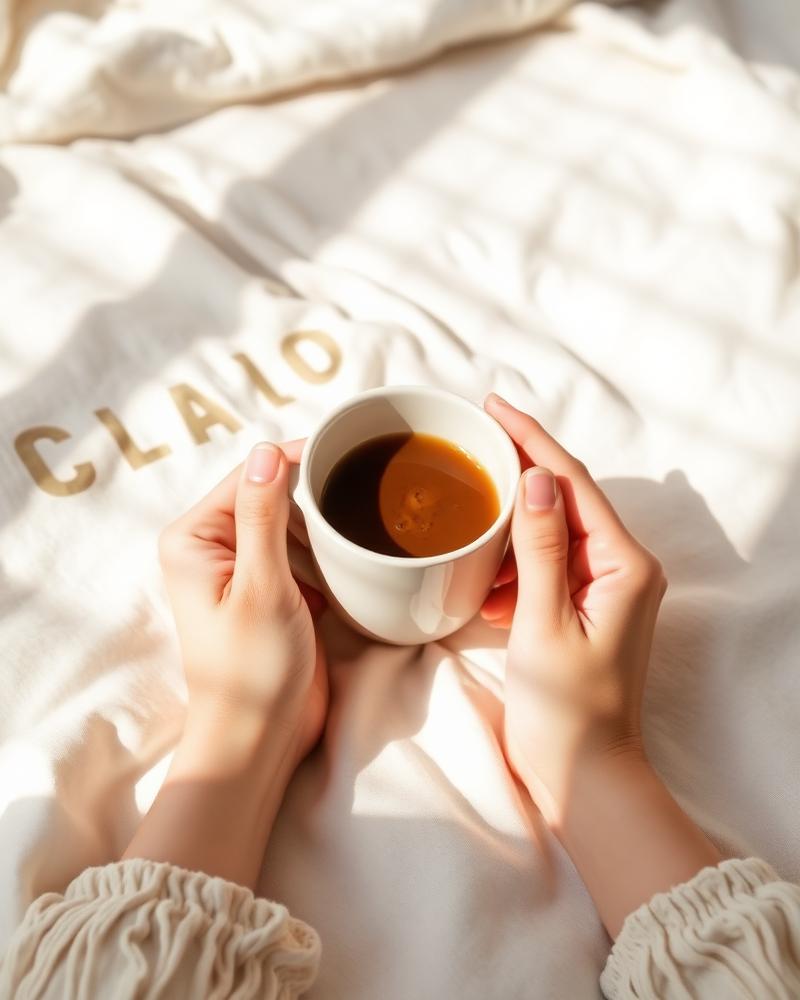 Morning coffee in bed with sunlight across linen sheets