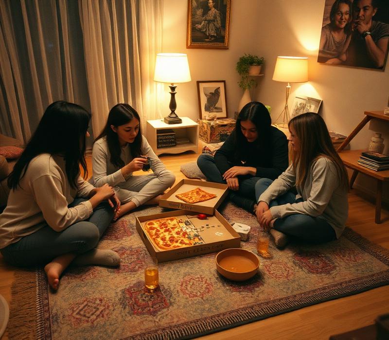 Friends playing a board game with pizza on the rug