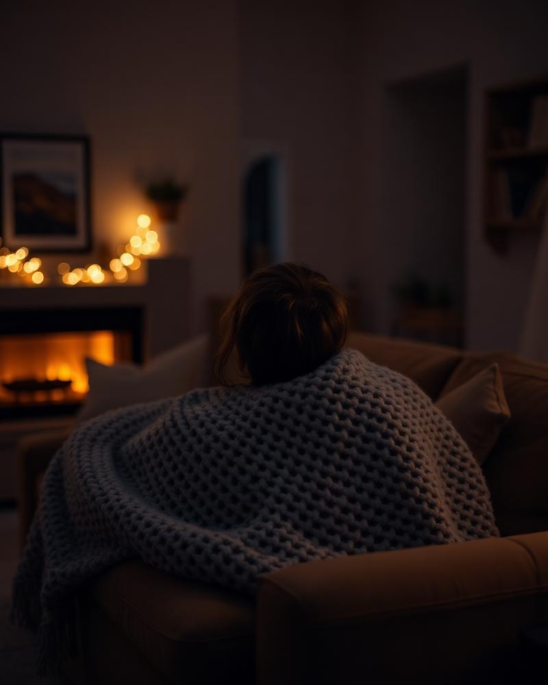 Someone wrapped in a blanket watching a film