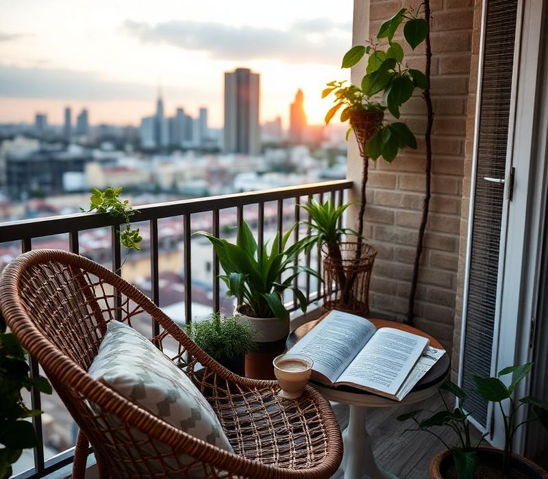 Balcony chair with chai and a book at sunset