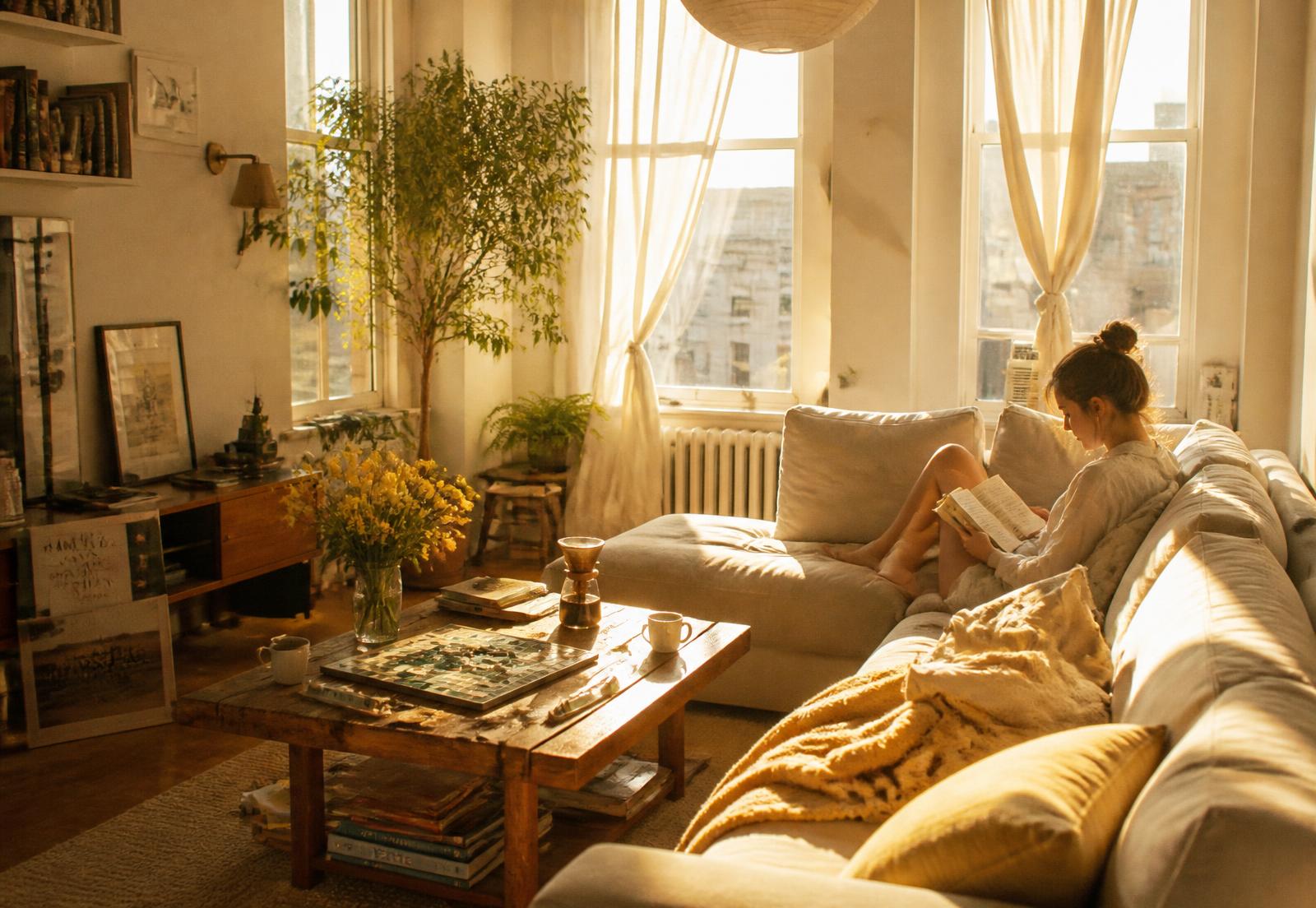 Golden hour light across a cozy Lemon Club living room with coffee, books and a board game